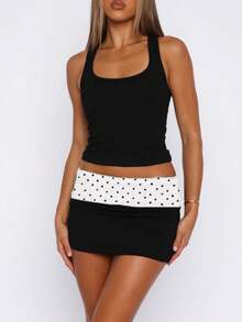 Women Y2k Bodycon Mini Skirt Polka Dot Low Rise Fold Over Skinny Short Skirt Cute Going Out Club Streetwear - 黑與白 - 查看 2