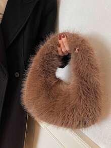 1pc Fashionable Plush Shoulder Bag, Flat Brim Handbag, Cute Women's Winter Handbag/Wallet - Coffee - View 2