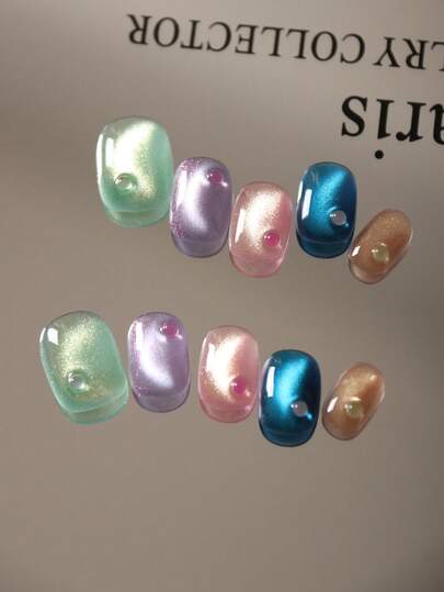 10pcs Press On Nails Green Pink Blue Nails Fake Nails Short Colorful Cat's Eye Minimalist Green Pink Blue Purple Yellow Office DailyWear False Nails Artificial Nails Kit Includes 1sheet Adhesive Tabs &1 Pc Mini File