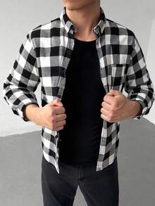 Men's Casual Patchwork Plaid Long Sleeve Shirt, Christmas Gift - Black and White - View 4