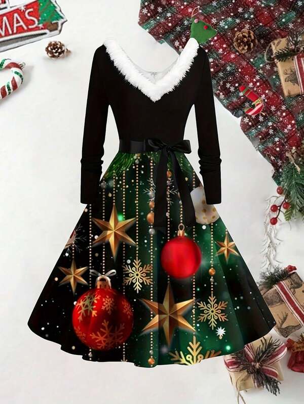 Weihnachts-Fellkragen-Kleid, Weihnachtsgeschenk-Muster V-Ausschnitt Langarm A-Linien-Kleid mit Schleife