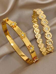 18K Gold Plated Stainless Steel Luxury Elegant Floral Bangle Bracelet Set For Women , Sweet Romantic Jewelry Mom Gift Christmas Thanksgiving Halloween Wedding Rave/Prom/Party/Daily Accessories Gift For Anniversary Valentine's