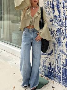 Nouvelle blouse élégante et élégante à manches longues avec volants et liens, couleur unie. Décontractée pour la plage, les stations balnéaires, l'école, le quotidien, les voyages