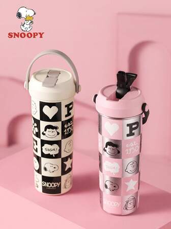 SNOOPY Copo térmico Snoopy de aço inoxidável com isolamento a vácuo de 600 ml com canudo, grande capacidade para uso externo/no carro, portátil e mantém as bebidas geladas, design elegante