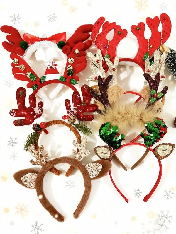 1pc Women's Christmas White Feather Deer Antler, Brown Plush Bell, Mushroom Bow, Sequin Deer Ear Headband, Hair Band Hair Hoop