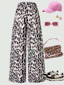 Tween Girls' Leopard Print Drawstring Waist Wide Leg Loose Casual Pants, Autumn - Apricot - View 2