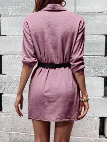 Maxi camisa casual, bohemia con botones delanteros, cuello camisero, incluye cinturón, mangas largas, fit regular al muslo para mujer, tela ton textura tipo lino - rosa - Ver 3