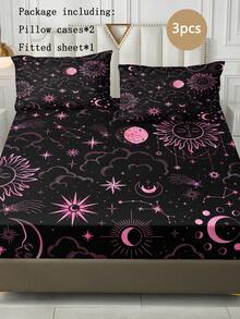 3pcs Galaxy & Cosmos Themed Bedding Set (1 Fitted Sheet + 2 Pillowcases, Pillow Not Included), Ultra-Soft Microfiber Fabric, Suitable For All Seasons, Mysterious Starry Sky Decor