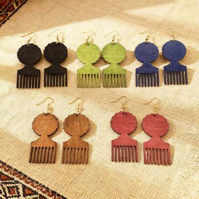 5 Pairs Bohemian Wooden Comb Shaped Earrings, Unique Jewelry Gift, Vintage Dangle Earrings For Women, Suitable For Celebrations, Parties, All Seasons
