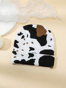 1pc Unisex Cow & Leopard Print Warm Reversible Knit Beanie Hat, Suitable For Outdoor Wear, Autumn/Winter - Multicolor - View 3