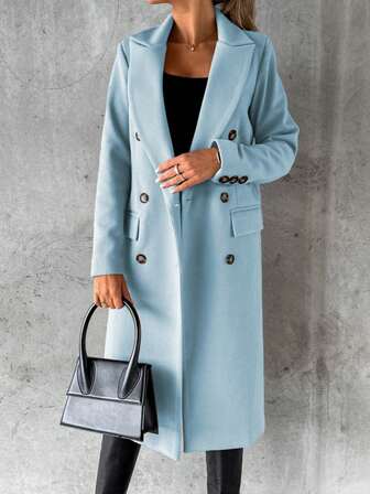 Dam höst- och vinterny långärmad enfärgad dubbelknäppt ytterplaggskappa