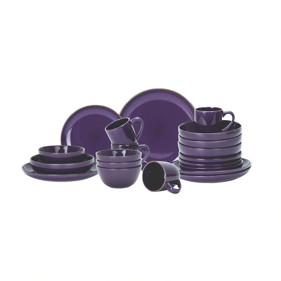 HomeVss Eur-Nordic Shape Raising Rim 20pc Dinnerware Set, Shiny Glaze Purple With Speckle Effect - 紫色 - 查看 1