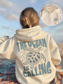 1件少女休闲印花套头卫衣，保暖内衬，长袖，秋冬季学生青少年服装 - 杏色 - 查看 1