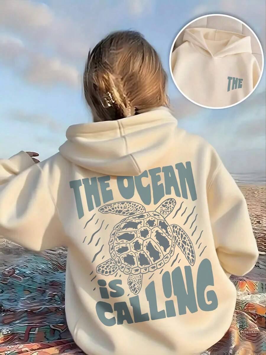 1件少女休闲印花套头卫衣，保暖内衬，长袖，秋冬季学生青少年服装 - 杏色 - 查看 1