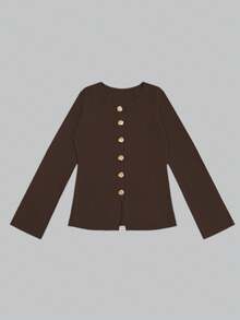 复古时尚金属纽扣前开纯色长袖圆领薄开衫，修身优雅简约休闲针织毛衣，适合女士，春秋冬 - 棕色 - 查看 3