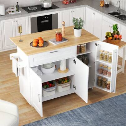 132.5*L44(70)*H90cm Mobile Kitchen Table, Folding Countertop, Oak Grain, Multifunctional Cabinet, Spice Rack, Towel Rack, 5 Rolls, Suitable For Kitchen/Dining Room/Home