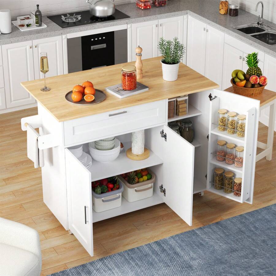 132.5*L44(70)*H90cm Mobile Kitchen Table, Folding Countertop, Oak Grain, Multifunctional Cabinet, Spice Rack, Towel Rack, 5 Rolls, Suitable For Kitchen/Dining Room/Home - White+Natural + MDF + European - View 1