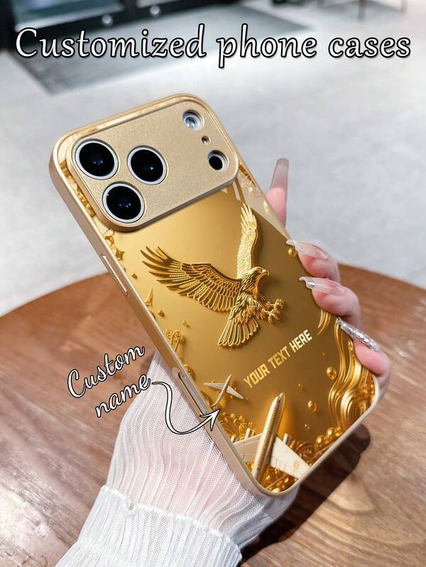 1pc Customizable Luxury Golden Eagle Pattern Phone Case, TPU Soft Edge + Tempered Glass Back Material Suitable For Samsung S24 Ultra/S25 Ultra And Apple 17 Pro Max/16 Pro Max/15 Pro/14 Plus/13 Pro/12 Pro Max/11/Xs Max/8/7/6 Phone Accessories