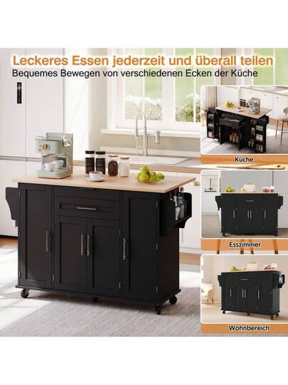 120*45cm, Mobile Kitchen Isl Trolley, Worktop Extends Up To 70cm, Hidden Cutlery Drawer, Adjustable Shelves, Spice Rack Towel Holder, Kitchen, Dining Room Or Living view 6