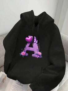 Women's Graphic Printed Casual Hoodie With Pocket Purple Heart Butterfly Flowers Letter Winter Fall Cloth For Women Autumn - 黑色 - 查看 2