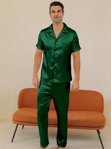 两件套男士睡衣套装（带开扣上衣和裤子） - 綠色 - 查看 4