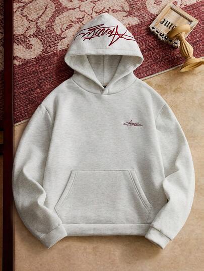 Men's Loose Fit Letter Embroidered Gray Knit Casual Hooded Sweatshirt, Suitable For Daily Wear, Going Out Vintage Light Grey Long Sleeve Hoodie, For Friends, Husband, Boyfriend Gifts, School, Back To School