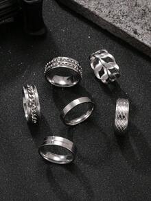 6pcs/Set Silver Stainless Steel Rings For Men, Fashion Rings Including Rotating Cuban Chain Stress Relief Ring, Solid Color Minimalist Rings, Suitable As Gifts For Boyfriend, Husband, Son, Halloween Must-Have, New Year Gift - Silver - View 3