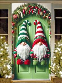 1 Stück Paar rot-grün gestreifte Mützen-Gnomen Muster 2D Weihnachtstür Abdeckung, festlicher Polyester Tür-förmiger Hängedekoration mit lebendigen gestrickten Mützendetails, flauschigen Handschuhen & gemütlichen Stiefeln, waschbar für Innen- und Außenbereich, perfekt für Weihnachtstür Dekoration, um eine fröhliche Stimmung zu Weihnachtspartys beizutragen, ideal für Weihnachtsfeiern und winterliche festliche Wohndekoration
