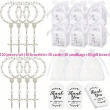 120pcs Baptism Shower Wedding First Communion Decoration Kit, Includes 30pcs Mini Beads, 30pcs Cross-Shaped Small Boxes, 30pcs Organizational Gift Bags, 30pcs Thank You Kraft Paper Labels, Made Of Plastic, For Wedding, Shower, Baptism, First Communion, Spring, Summer, Fall, Winter - 彩色 - 查看 29