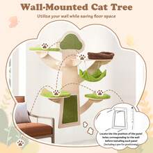 Wall-Mounted Cat Tower W/ Bed Hammock Sisal Scratching Post & Mats Cushions - 綠色和棕色 - 查看 8