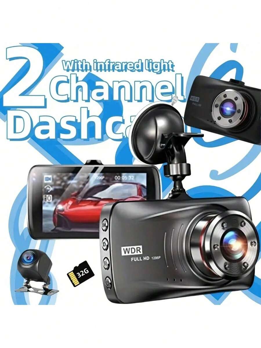 1pc, Front & Rear (Front & Rear) Dash Cam, Dual Channel Car Camera, 1296P Full HD DVR, Loop Recording, 3 Inch Display, 32GB Memory Card Included - Car Supplies