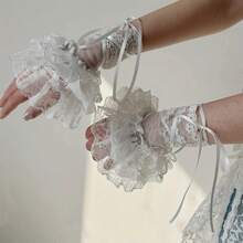 Women's Lace Gloves And Leg Warmers - Geometric Floral Sheer Mesh Design, Ruffled And Ribbon Embellishments, Y2K Party Photo Theme Event Fashion Accessories - 珍珠白 - 查看 6