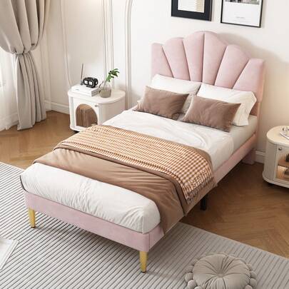 Upholstered Velvet Bed, 90 X 200 Cm, Shell-Shaped Bed With Gold Iron Legs, Height-Adjustable Headboard, Wooden Slatted Base, Pink