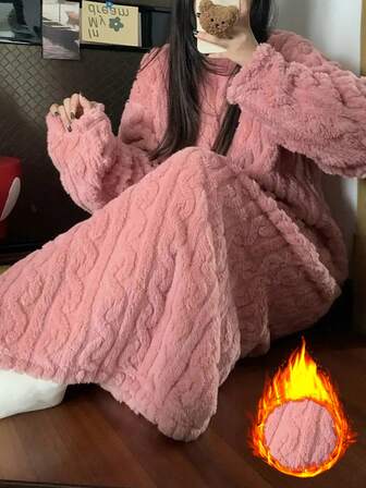 1pc Soft & Warm Fleece Nightgown, Women Long Sleeve Tops & Pants Sleepwear, Comfortable Polyester Loungewear, Cozy Winter Fluffy Pajamas, Cute Nightshirt