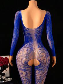 女士性感蕾丝网纱长袖圆领露背连体衣弹力修身无裆透视情趣内衣 - 藍色 - 查看 2