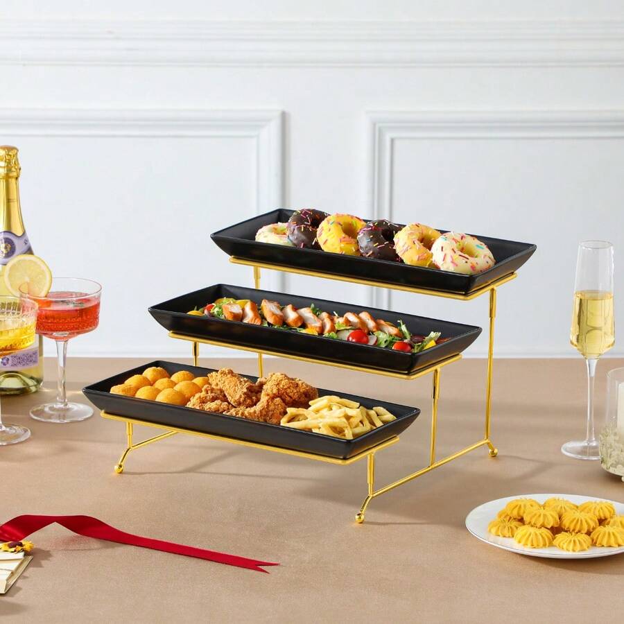 MALACASA 3 Pieces Ceramic Serving Plate Set, Black Poreclain, Serving Platters, 3 Tier, Large Serving Platters, Rectangular Serving Trays With Golden Tray Rack, 14 Inch - Black - View 1