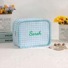 Personalized Embroidered Makeup Bag For Girls, Custom Name Gingham Toiletry Pouch With Cute Ruffle Trim, Soft Pastel Travel Cosmetic Organizer, Lightweight Large Capacity Storage Bag, Ideal Gift For Friends, Bridesmaids, Or Christmas