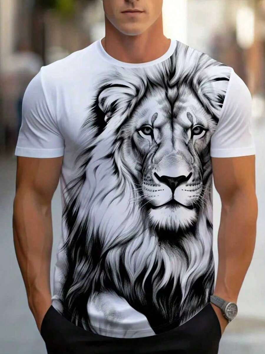 Lion Pattern T-Shirt, Men's Casual Street Style Elastic Crew Neck T-Shirt For Summer, 100% Polyester, Lightweight Breathable Fabric, Suitable As A Gift For Friends - Multicolor - View 1