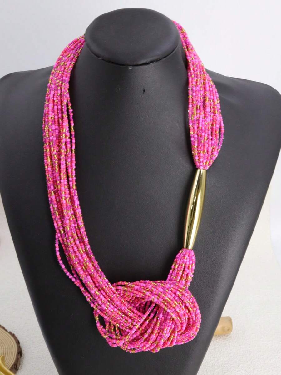 1pc Fashionable Gold Tube Knotted Black Bead Multi-Layer Necklace, Bohemian Style - Multicolor Pink - View 1