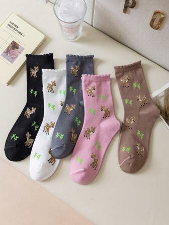 5 Pairs Women's Cartoon Cute Deer Pattern Mid-Calf Socks, Minimalist Versatile Student Style, Comfortable Soft, Suitable For Daily Casual, Sports, Commuting, Gifting, All Seasons And Occasions