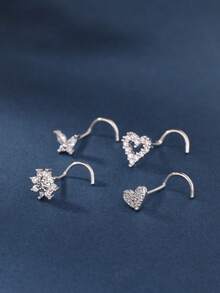 4 piezas / 1 pieza Conjunto de pendientes de nariz con forma de corazón y mariposa - Joyería de piercing de nariz de 20G CZ para mujeres, pin de piercing de fosa nasal - Tornillo de nariz - Ver 5