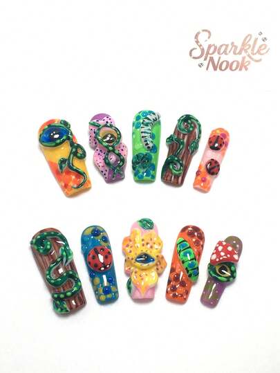 Jeder Set enthält 10 Stücke handgefertigte Acrylnägel im Y2K-Quadratstil mit französischem Design mit Marienkäfer-, Punkt-, Augen- und Blütendekorationen. Erhältlich in mehrfarbigen und nackten Farbschemata. Drei Größen zum Anpassen, geeignet für Partys, Galas und den täglichen Gebrauch. Enthält ein Maniküre-Werkzeug-Set, was es zum perfekten Geschenk für Aufstecknägel (getragene Nägel) für Frauen und Mädchen macht.