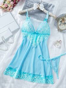 Women's Sexy Lingerie Lace Thong Underwear Seductive Camisole Nightgown - Baby Blue - View 3