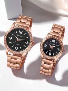 2 件时尚商务休闲圆形水钻情侣手表，百搭圆形表盘钢带石英情侣手表套装，情人节礼物 - 玫瑰金 - 查看 12