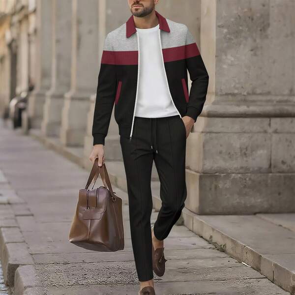 2pcs Men Contrast Color Lapel Jacket And Pants Set, Casual Commuter Sportswear Outfit, Fall Clothes