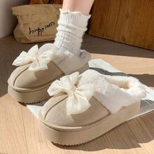 Damskie, śliczne i słodkie kapcie z kokardką, gruba podeszwa, ciepłe i nieprzemakalne, do użytku wewnątrz i na zewnątrz, z podszewką termiczną, odpowiednie na jesień/zimę