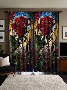 2pcs Elegant Black Rose & Colorful Glass Pattern Printed Curtains, High Definition Digital Printing, Rod Pocket Installation, 100% Polyester, 90g/Sqm, Suitable For All Seasons, Light Filtering, Privacy Protection, UV Blocking Decorative Curtains