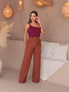 Simple Linen Button Zipper Pocket PANTS Office Summer HIGH WAIST WIDE LEG - 鏽棕色 - 查看 6