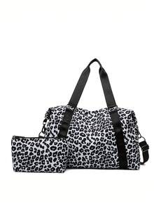 2 pezzi Set di borse da viaggio pieghevoli in nylon con stampa leopardata, di grande capacità, con scomparto indipendente per le scarpe. Adatte per sport, yoga, fitness, viaggi brevi, palestra, borse casual da donna, borse per maternità, vacanze, tempo libero, impermeabili, con scomparto separato per le scarpe, borse a mano per la scuola e accessori scolastici