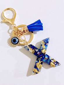 26pcs Bohemian Style Gemstone Blue Resin Letter Keychains, Bag Charms With Evil Eye And Tassel Decor, Holiday/Birthday Party Favors Christmas Gift Car Accessories Teacher Friend Sister Gift Ideas - Royal Blue - View 31